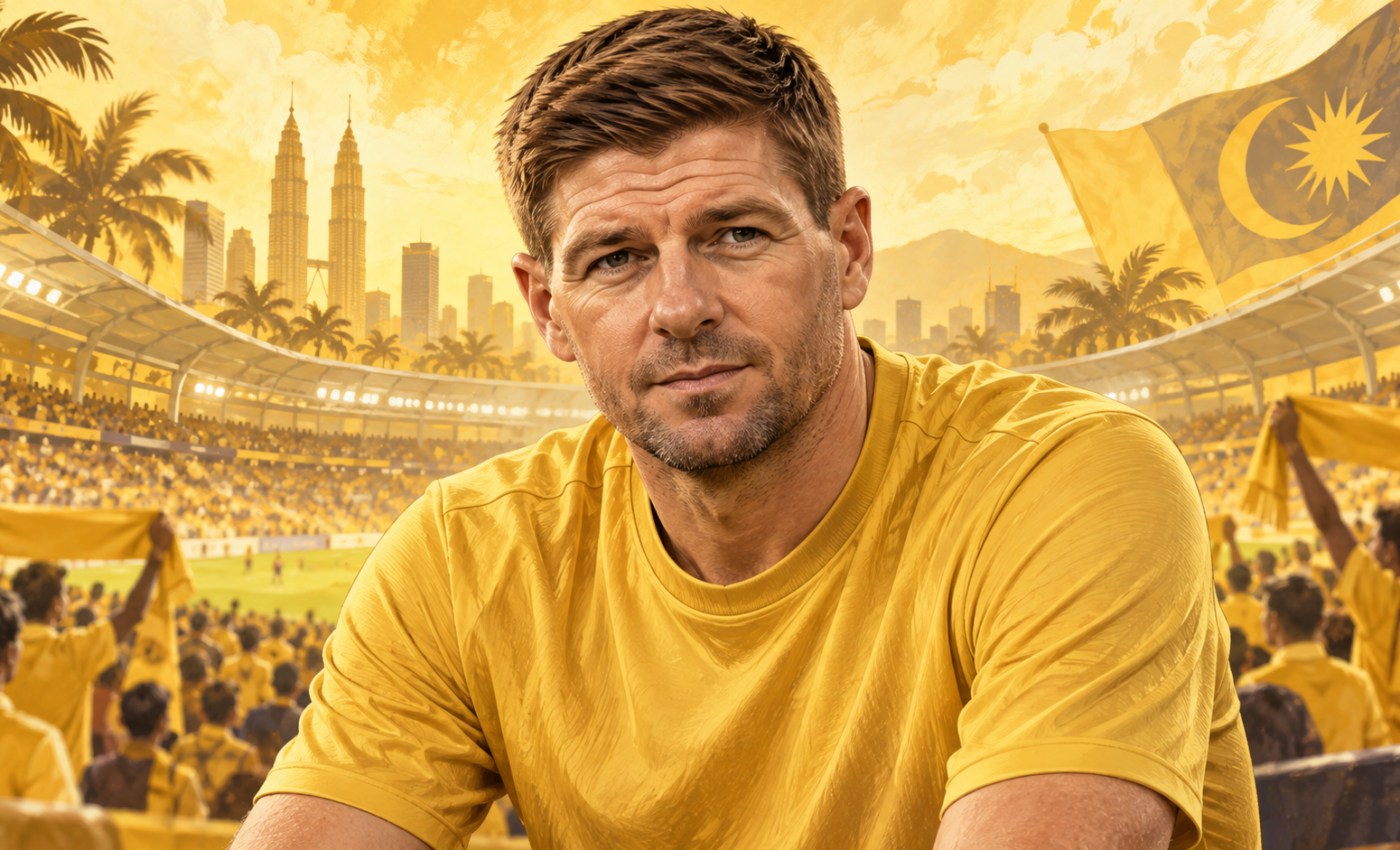 Ilustrasi AI Steven Gerrard bernuansa kuning keemasan untuk artikel Gerrard ke Malaysia: Arti Pertemuan dengan Idola bagi Penggemar Sepak Bola