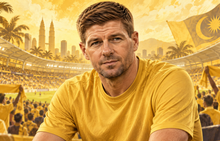 Ilustrasi AI Steven Gerrard bernuansa kuning keemasan untuk artikel Gerrard ke Malaysia: Arti Pertemuan dengan Idola bagi Penggemar Sepak Bola