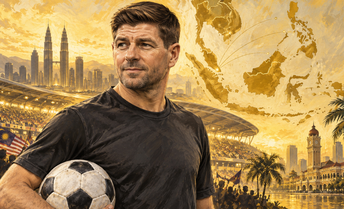 Ilustrasi AI Steven Gerrard bernuansa kuning keemasan untuk artikel Gerrard Kembali ke Asia Tenggara, Malaysia Jadi Lokasi AllStar Legends