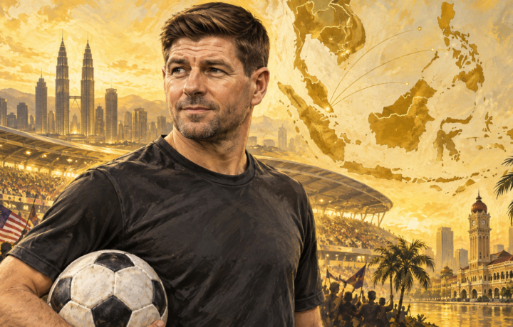 Ilustrasi AI Steven Gerrard bernuansa kuning keemasan untuk artikel Gerrard Kembali ke Asia Tenggara, Malaysia Jadi Lokasi AllStar Legends