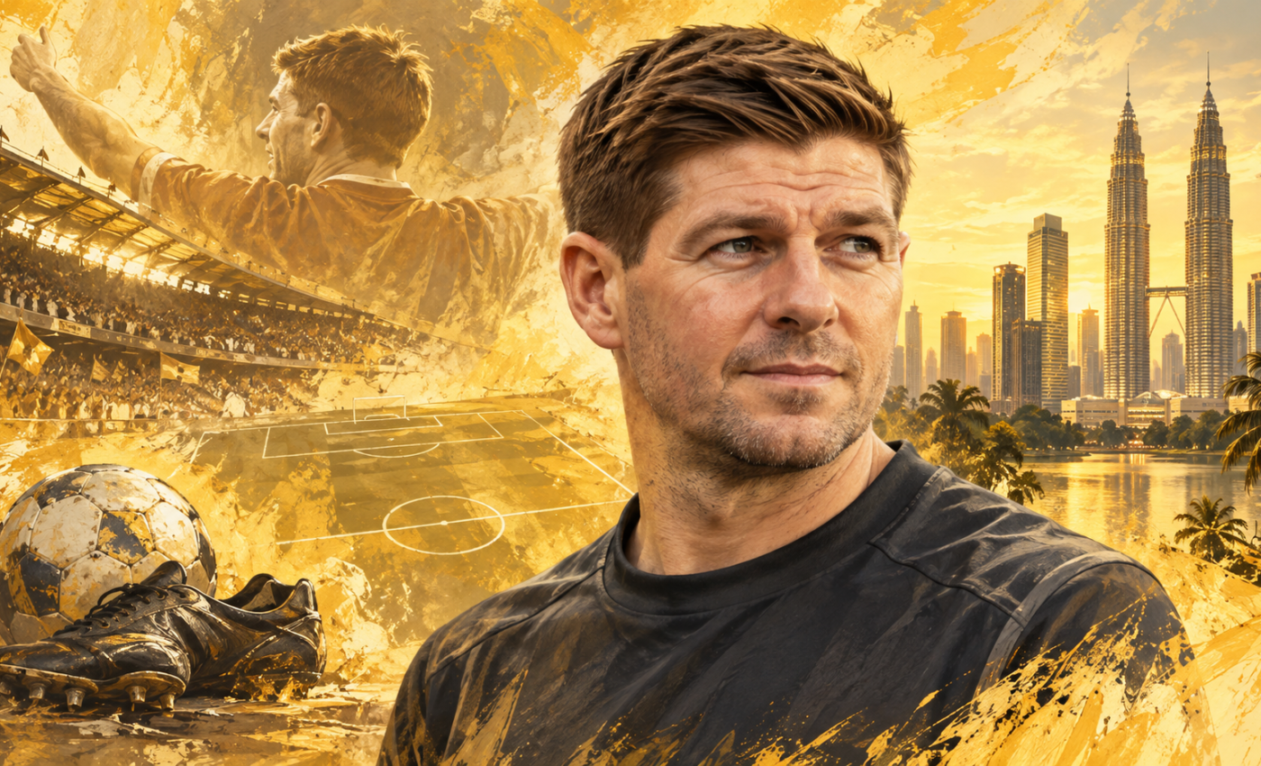 Ilustrasi AI Steven Gerrard bernuansa kuning keemasan untuk artikel Cerita Sepak Bola Belum Usai: Gerrard dan Rencana Pertemuan Para Legenda di Malaysia