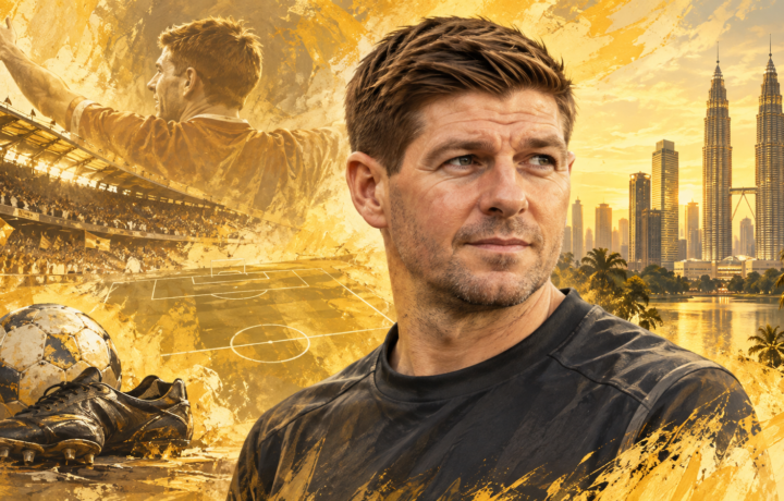 Ilustrasi AI Steven Gerrard bernuansa kuning keemasan untuk artikel Cerita Sepak Bola Belum Usai: Gerrard dan Rencana Pertemuan Para Legenda di Malaysia